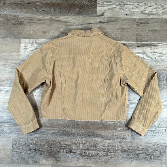 TGLA Corduroy Jacket Tan Beige Cropped Snap Front Raw Hem Fall Layering L - Picture 2 of 5